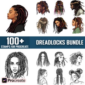 May include: A digital illustration bundle of 100+ dreadlock hairstyles for use with the Procreate app. The illustrations feature various styles, colors, and lengths of dreadlocks.