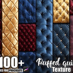 Puede incluir: Un collage de varias texturas acolchadas en tonos rojos, dorados y azules. Las texturas presentan un patrón de diamantes con detalles de botones. La imagen incluye el texto "100+ Brushes for Procreate" y "Puffed quilt Texture".