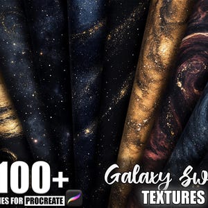 May include: A selection of galaxy swirl textures in gold, black, and shades of blue and purple. The image includes the text "100+ Brushes for Procreate" and "Galaxy Swirl TEXTURES".