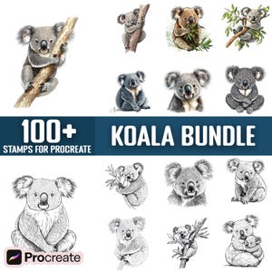 Pode incluir: Um conjunto de mais de 100 carimbos de coala para Procreate, com ilustrações de coalas em várias poses e estilos, incluindo alguns com folhas de eucalipto. Os carimbos são em preto e branco e a cores.