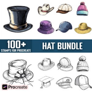 Peut inclure: Un ensemble de plus de 100 illustrations de chapeaux dessinées à la main pour Procreate. Les illustrations comprennent une variété de styles, notamment des chapeaux de cow-boy, des casquettes de baseball, des fedoras et des bonnets. Les illustrations sont en noir et blanc et ont un aspect vintage.
