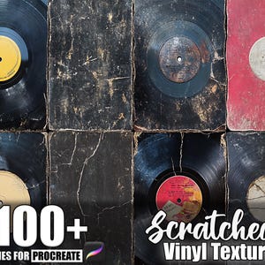 Könnte beinhalten: Eine Sammlung alter Vinyl-Schallplatten mit abgenutzten Hüllen. Die Schallplatten sind schwarz mit farbigen Etiketten, einige mit sichtbaren Kratzern. Das Bild enthält den Text "100+ Brushes for Procreate" und "Scratched Vinyl Texture".