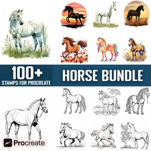 May include: A digital illustration bundle of 100+ horse stamps for Procreate. The bundle includes a variety of horse poses, styles, and colors, including black and white line drawings, watercolor illustrations, and colorful cartoon horses. The text "100+ HORSE BUNDLE" and "STAMPS FOR PROCREATE" is displayed on the image.