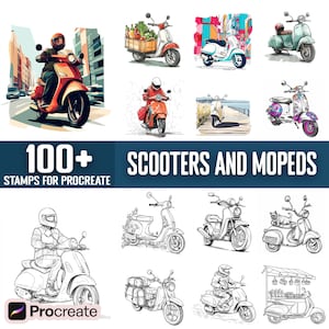 Könnte beinhalten: Ein Set mit über 100 digitalen Stempeln für Procreate mit Illustrationen von Rollern und Mopeds in verschiedenen Stilen und Farben. Die Stempel beinhalten Roller mit Passagieren, Roller mit Gepäck und Roller mit Lebensmittellieferboxen.