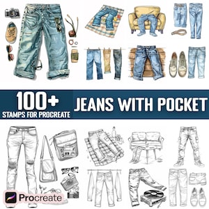 May include: A digital illustration set of 100+ jeans with pockets, designed for use with the Procreate app. The illustrations include various styles of jeans, including straight leg, skinny, and wide leg. The jeans are shown in both color and black and white.