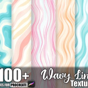 Könnte beinhalten: Eine digitale Kunstgrafik mit einer Sammlung von wellenförmigen Linienstrukturen in verschiedenen Farben, darunter Rosa, Blau und Orange. Der Text "100+ Wavy Lines Texture" wird unten zusammen mit dem Procreate-Logo angezeigt.