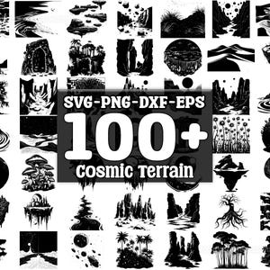 Pode incluir: Uma coleção de mais de 100 ilustrações vetoriais em preto e branco de terreno cósmico. As ilustrações apresentam uma variedade de paisagens, incluindo montanhas, vales, florestas e rios. As ilustrações são perfeitas para usar em projetos de design digital, como fundos de sites, gráficos de mídia social e designs de impressão.