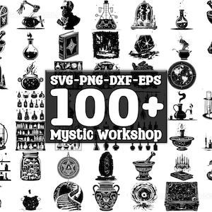 May include: A black and white digital illustration set of 100+ mystical and occult symbols, including potions, cauldrons, crystals, and more.  SVG-PNG-DXF-EPS Mystic Workshop.