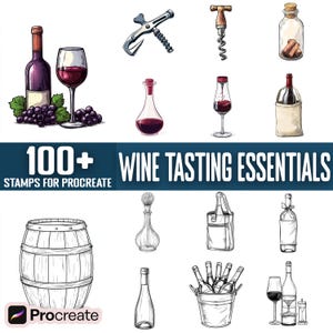 May include: A set of 100+ wine tasting essentials stamps for Procreate, a digital art app. The stamps include various wine-related items such as bottles, glasses, corkscrews, and decanters. The stamps are black and white line drawings.