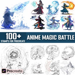 May include: A set of 100+ digital stamps for Procreate featuring anime characters in a magic battle. The stamps include characters casting spells, magical effects, and backgrounds. The stamps are in black and white and colour.