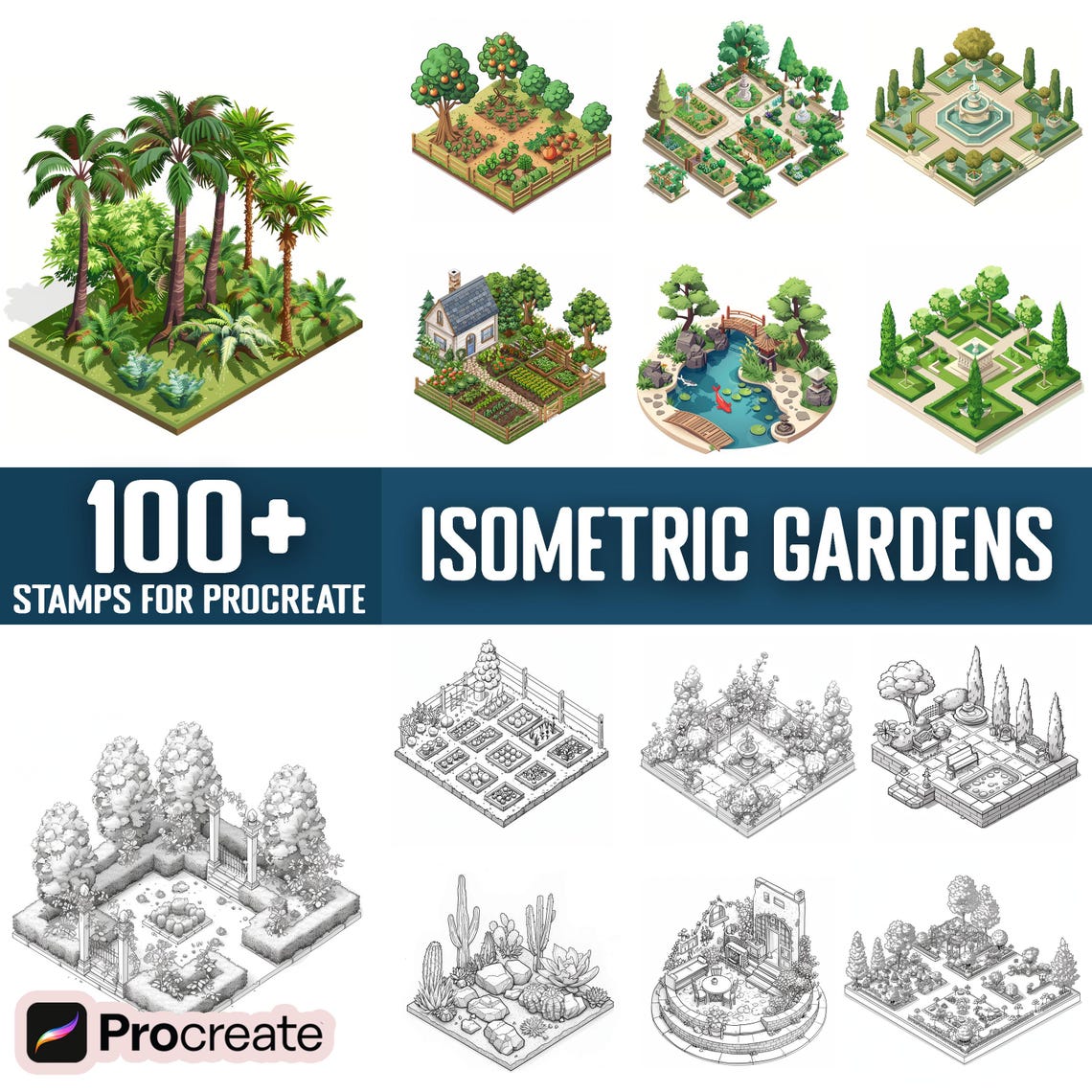 100+ Isometric Gardens Procreate Stamps, Brushes for Procreate, Instant ...