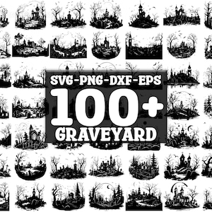May include: A collection of 100+ black and white silhouette images of spooky graveyards. The images feature various elements like tombstones, crosses, trees, and fences.  SVG-PNG-DXF-EPS.
