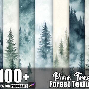 Puede incluir: Un producto de arte digital que muestra una colección de texturas de bosques de pinos. La imagen presenta múltiples paneles verticales con ilustraciones de estilo acuarela de árboles de hoja perenne en un entorno brumoso y nevado. El texto dice "100+ Brushes for Procreate" y "Pine Tree Forest Texture."