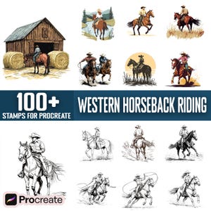 Puede incluir: Una colección de ilustraciones que presentan vaqueros y equitación. Las imágenes incluyen escenas de vaqueros montando a caballo cerca de graneros, en campos y a lo largo de ríos. El texto dice "100+ STAMPS FOR PROCREATE" y "WESTERN HORSEBACK RIDING".