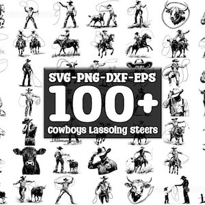 Könnte beinhalten: Schwarz-weiß-Illustrationen von Cowboys, die Rinder mit Lasso fangen. Die Illustrationen sind in verschiedenen Posen und mit verschiedenen Details wie Hüten, Stiefeln und Seilen dargestellt. Der Text "SVG-PNG-DXF-EPS 100+ cowboys lassoing steers" befindet sich oben im Bild.