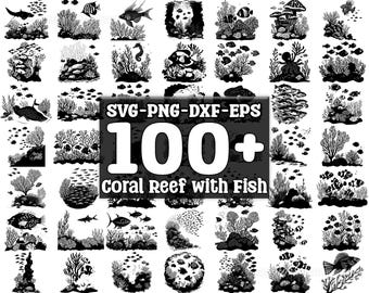 Pacchetto SVG di barriera corallina con pesci, set da 100, download digitale istantaneo, png, svg, eps, dxf