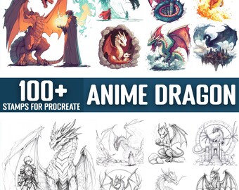 May include: A collection of 100+ anime dragon stamps for Procreate. The stamps feature dragons in various poses and styles, including flying, breathing fire, and sitting on a throne. The stamps are perfect for adding a touch of fantasy to your digital art.