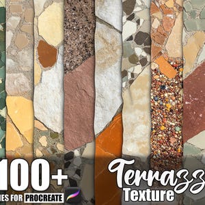 Op de afbeelding: Een verzameling kleurrijke terrazzo texturen, elk met een uniek patroon en kleurenpalet. De afbeelding toont verschillende steen- en aggregaatontwerpen, met de tekst "100+ Brushes for Procreate" en "Terrazzo Texture".
