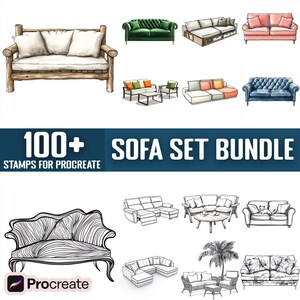 May include: A set of 100+ sofa stamps for Procreate, a digital art app. The stamps feature a variety of sofa styles, including modern, traditional, and contemporary. The stamps are perfect for creating illustrations, designs, and mockups.