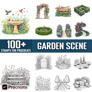 May include: A set of 100+ garden scene stamps for Procreate, featuring a variety of hand-drawn illustrations of flowers, trees, benches, fountains, and other garden elements. The stamps are ideal for creating beautiful and realistic garden scenes in your digital art.