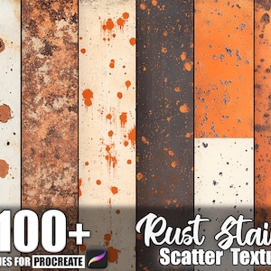 May include: A digital art graphic featuring a collection of rust stain textures in various colors, including orange, brown, and black. The image includes the text "100+ Rust Stains Scatter Texture" and "Brushes for Procreate."