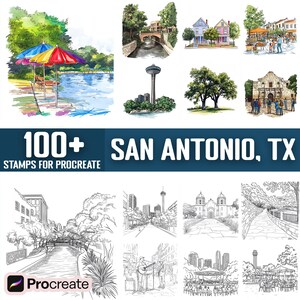 May include: A set of 100+ digital stamps for Procreate featuring hand-drawn illustrations of San Antonio, Texas landmarks. The stamps include black and white line drawings of the Alamo, the River Walk, the Tower of the Americas, and other iconic locations.