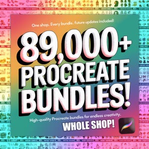 May include: A colorful graphic with the text "89,000+ Procreate Bundles!" and the tagline "High-quality Procreate bundles for endless creativity. Whole Shop!" The graphic is surrounded by a grid of smaller images of various Procreate bundles.