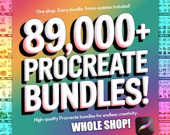 Può includere: Una grafica colorata con il testo "89.000+ Bundle Procreate!" e lo slogan "Bundle Procreate di alta qualità per una creatività senza limiti. Negozio completo!" La grafica è circondata da una griglia di immagini più piccole di vari bundle Procreate.