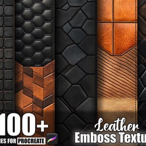 Pode incluir: Gráfico de arte digital mostrando várias texturas de relevo de couro em preto e marrom. A imagem inclui uma variedade de padrões, incluindo formas geométricas e designs costurados. O texto diz "100+ Brushes for Procreate" e "Leather Emboss Texture."