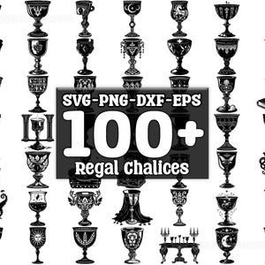 Pode incluir: Uma coleção de mais de 100 ilustrações vetoriais em preto e branco em formato SVG, PNG, DXF e EPS de cálices reais. Os cálices são ornamentados e apresentam diversos desenhos, incluindo coroas, flores e outros elementos decorativos.