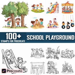 May include: A set of 100+ digital stamps for Procreate featuring illustrations of children playing on a school playground. The stamps include images of swings, slides, a carousel, a sandbox, a jungle gym, and more. The illustrations are in a cartoon style and are perfect for adding a playful touch to your digital art.
