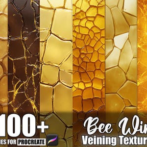Puede incluir: Gráfico de arte digital que presenta una textura de veta de ala de abeja. La imagen muestra paneles en tonos dorados y marrones. El texto incluye "100+ Brushes for Procreate" y "Bee Wing Veining Texture", ofreciendo texturas de arte digital.