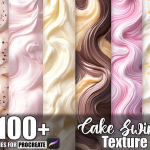 Könnte beinhalten: Digitalgrafik mit Kuchenwirbeltexturen in Rosa-, Weiß- und Brauntönen. Der Text "100+ Brushes for Procreate" und "Cake Swirl Texture" ist im Bild enthalten.