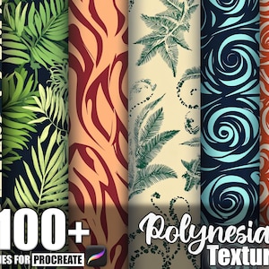 Puede incluir: Una colección de coloridos patrones de textura polinesia. Los patrones incluyen diseños florales, de hojas y abstractos en varios colores. La imagen incluye el texto "100+ Brushes for Procreate" y "Polynesian Texture".
