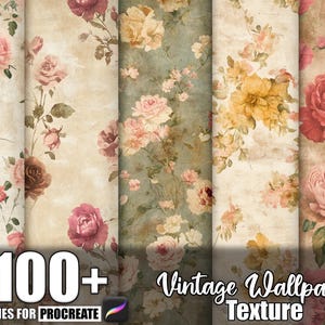 Può includere: Una collezione di texture di carta da parati vintage con motivi floreali nei toni del rosa, del rosso e del giallo. L'immagine include il testo "100+ Brushes for Procreate" e "Vintage Wallpaper Texture".