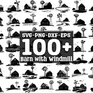 Puede incluir: Una colección de más de 100 ilustraciones vectoriales en blanco y negro de graneros con molinos de viento. Las ilustraciones están en un diseño simple y estilizado y son perfectas para usar en proyectos de manualidades, scrapbooking o diseño digital.