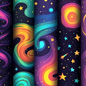 May include: A series of digital art prints with a space theme. The designs showcase swirling nebulae, planets, stars, and galaxies in vibrant shades of purple, blue, yellow, and orange against a dark backdrop. The artwork creates a sense of cosmic wonder.