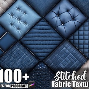 Peut inclure: Graphique d'art numérique présentant un patchwork de diverses textures de tissu bleu, dont des styles matelassés, côtelés et denim. L'image comprend le texte "100+ Brushes for Procreate" et "Stitched Fabric Texture".