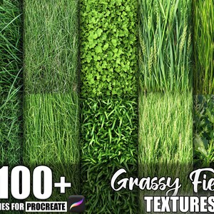 May include: A collection of diverse green grassy field textures. The image showcases different types of grass, such as long blades, short blades, and clovers. Text on the image reads "100+ Brushes for Procreate" and "Grassy Field Textures".