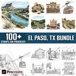 May include: A digital illustration bundle of 100+ stamps for Procreate featuring black and white line drawings of El Paso, Texas landmarks, including buildings, a mountain range, a street scene, a cable car, and a stadium. The text "100+ EL PASO, TX BUNDLE STAMPS FOR PROCREATE" is displayed at the top of the image.
