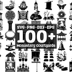 Könnte beinhalten: Ein digitaler Download in Schwarzweiß mit über 100 SVG-, PNG-, DXF- und EPS-Dateien mit Klosterhof-Designs. Die Designs beinhalten eine Vielzahl von Elementen wie Tore, Fenster, Pflanzen und Möbel.