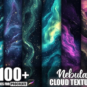 May include: A digital art graphic featuring a collection of nebula cloud textures in shades of teal, blue, purple, and pink. The image includes the text "100+ BRUSHES FOR PROCREATE" and "Nebula CLOUD TEXTURE". The textures have a starry effect.