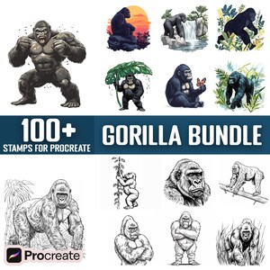May include: A set of 100+ digital stamps featuring illustrations of gorillas in various poses and settings. The stamps are designed for use with the Procreate app. The text "100+ GORILLA BUNDLE STAMPS FOR PROCREATE" is displayed at the top of the image.