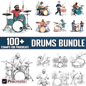 May include: A set of 100+ digital stamps for Procreate featuring illustrations of drum kits in various styles. The stamps include black and white line drawings, colourful illustrations, and a variety of drummers playing different styles of music. The text "100+ DRUMS BUNDLE" and "STAMPS FOR PROCREATE" is displayed at the top of the image.