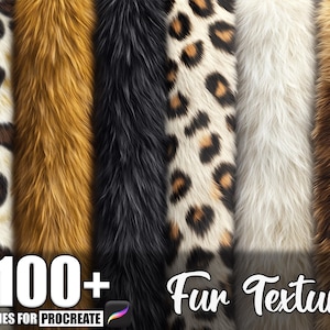 May include: A collection of fur textures in various colors and patterns, including leopard print, black, white, and brown. The image includes the text "100+ Brushes for Procreate" and "Fur Texture".