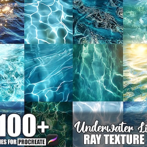 May include: A digital art product showcasing a collection of water textures in various shades of blue and turquoise. The image includes the text "100+ Brushes for Procreate" and "Underwater Light Ray Texture".