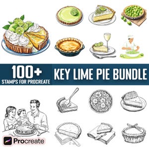 Könnte beinhalten: Ein digitales Illustrationspaket mit über 100 Key-Lime-Pie-Stempeln für Procreate. Das Paket enthält verschiedene Illustrationen von Key-Lime-Pies, Tortenstücken, Limetten und einem Koch, der einen Kuchen macht.