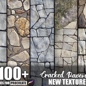 May include: A digital art image showcasing a collection of cracked pavement textures. The image features various stone and concrete patterns in shades of gray, beige, and brown. Text overlay reads "100+ Brushes for Procreate" and "Cracked Pavement NEW TEXTURES."