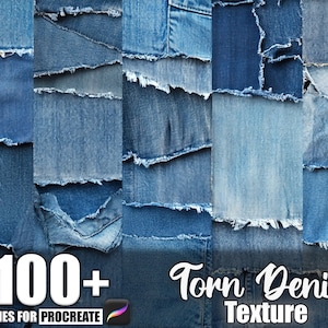 Könnte beinhalten: Digitales Kunst-Grafik mit verschiedenen blauen zerrissenen Denim-Texturen. Das Bild enthält den Text "100+ Brushes for Procreate" und "Torn Denim Texture". Die Texturen variieren in Farbe, von hellblau bis dunkelblau.