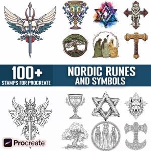Puede incluir: Un conjunto de más de 100 runas y símbolos nórdicos para Procreate. Las imágenes incluyen una variedad de diseños, como un árbol de la vida, un lobo, un martillo y una copa. Las imágenes están en blanco y negro y son perfectas para usar en arte digital.